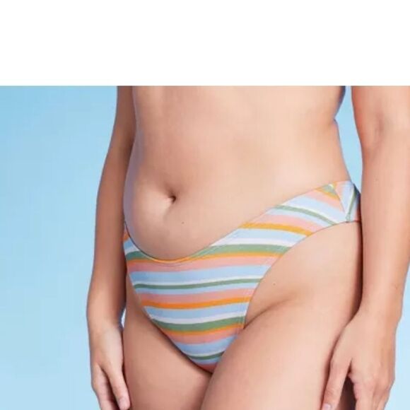 NWT Wild Women's High Leg Cheeky Bikini Bottom - Multi Lurex  Striped Size XXS - Picture 3 of 12